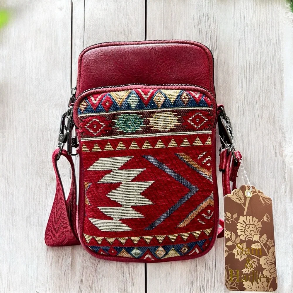 Bohemian Red Woven Patterned Cell Phone Crossbody Bag